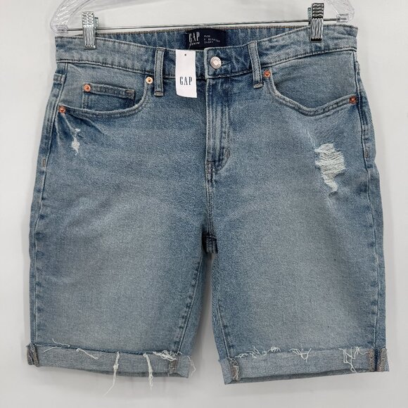 GAP Denim 9” Bermuda Shorts Women’s 10/30 Light Wash Distressed Raw Hem - Picture 1 of 8